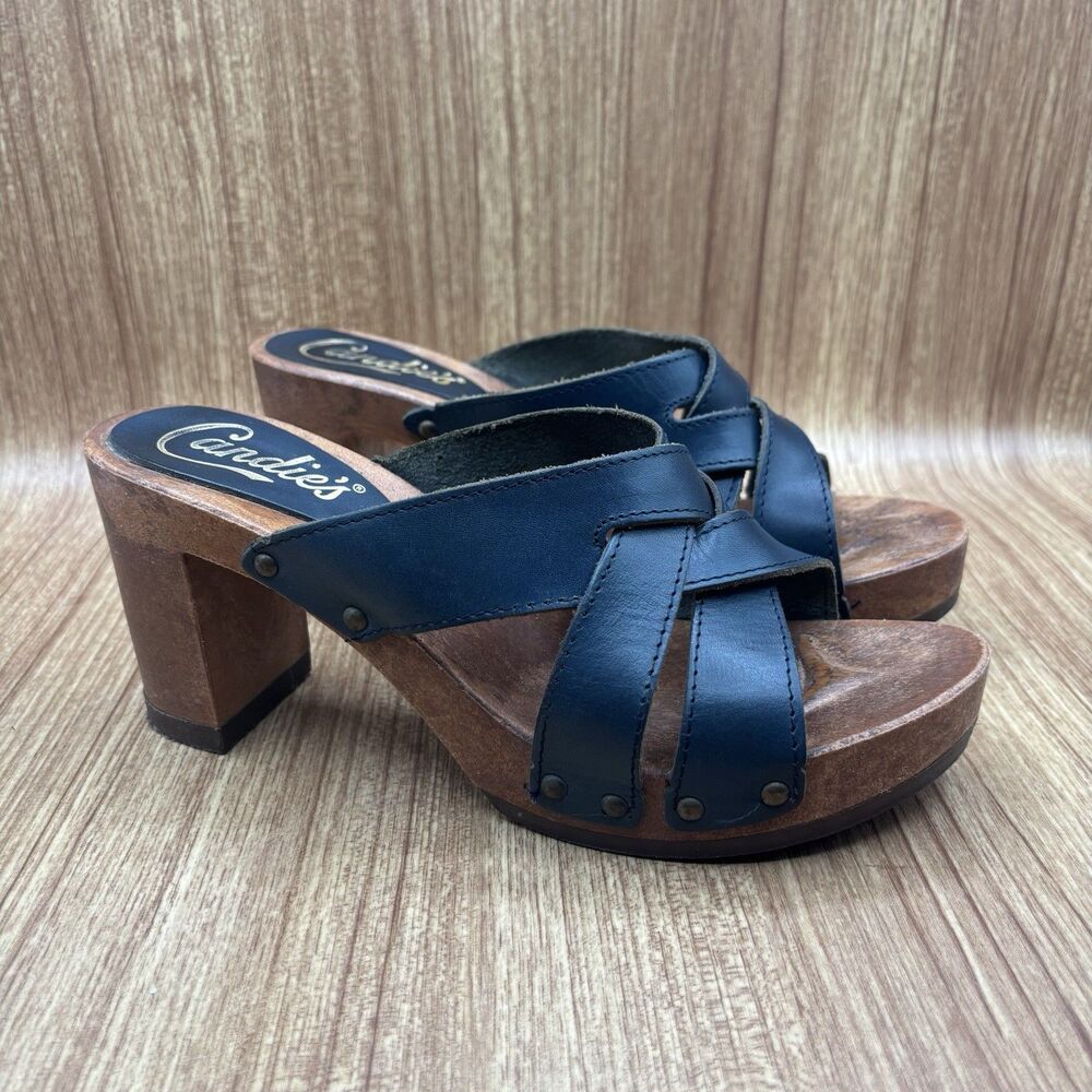 Candies Original Sandal High Heel Slide Blue Crisscross Leather 8.5 Vintage 90’s